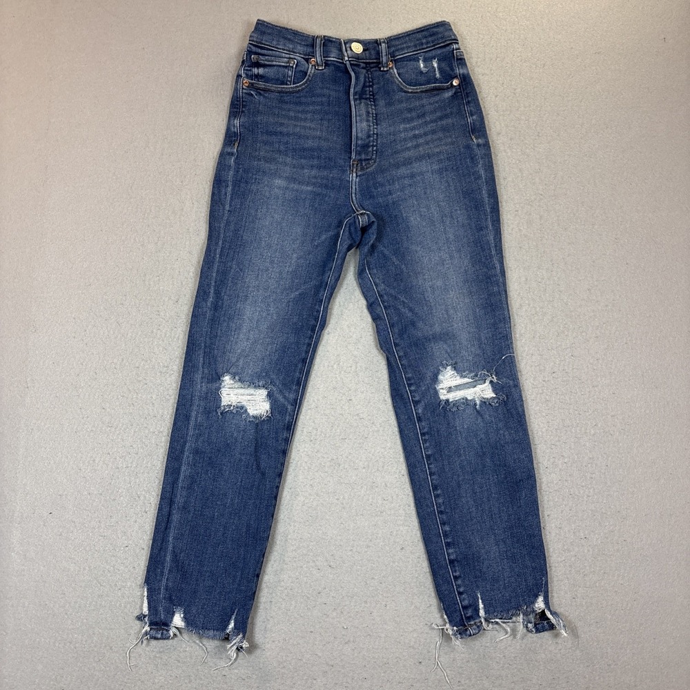 Express Women Slim Ankle Super High Rise Ripped Jeans Raw Hem Size 4R Blue Denim